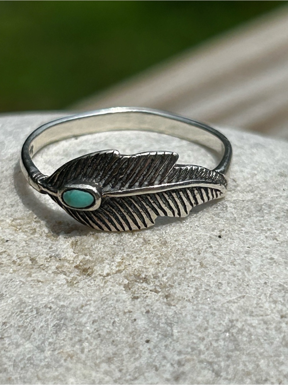 Sterling Feather Ring with Turquoise Accent - Silver and Turquoise